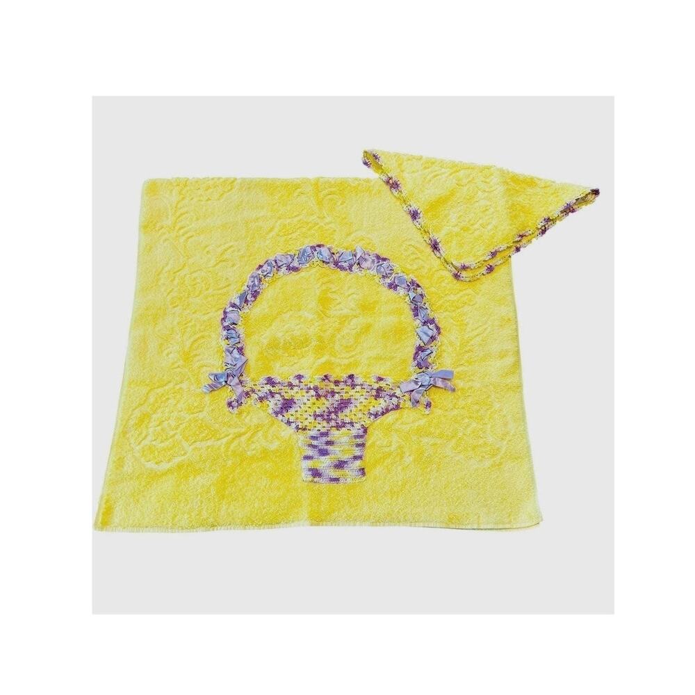 Vintage Cannon Towel Washcloth Set Yellow Lavender Ribbon Basket Applique